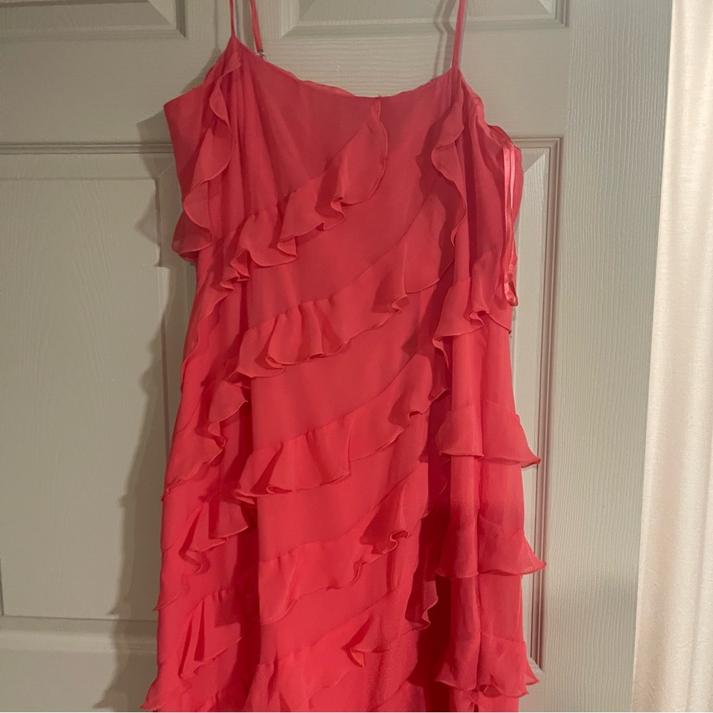 Gianni Bini NWT Taylor Chiffon Coral Watermelon Ruffle Dress Spaghetti Straps 12 - Picture 2 of 16